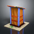 Wooden Panel Structure With Blue Frame Orange Roof And Green Details On Platform Base