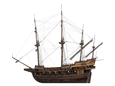 Historical Wooden Sailing Ship Model With Multi Mast And Intricate Rigging Details 3d model