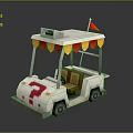 White Cart With Red Pink Number 7 Canopy Yellow Red Triangular Flags And Brown Seats