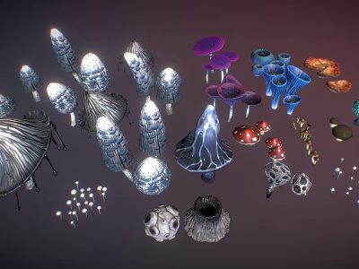 Artistic Fantastical Fungal Plant Like Structures With Vibrant Colors Unique Shapes Metallic Sheen 3d model