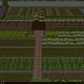 Garden Landscape Featuring Neatly Arranged Planting Beds Wooden Pathway Pavilion Pond And Yellow Flowers