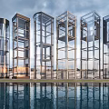 Modern Glass Elevators Architectural Design With Water Reflection And Metal Frames 3d model