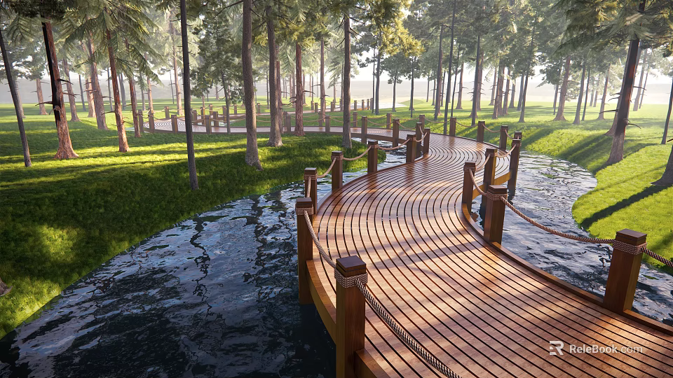 Scenic Wooden Boardwalk Pathway In Park With Trees Grass And Water 3d model 