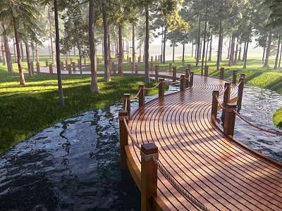 Scenic Wooden Boardwalk Pathway In Park With Trees Grass And Water 3d model
