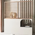 Modern Minimalist Interior With Wooden Louvered Shutters Partition Green Plants And Decorations