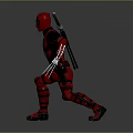 Man In Red Costume With Mask Holding Dual Blades And Katana Swords On Back