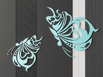 Light Blue Butterfly Shaped Wall Decor On Gray And Striped Wall Background 3d model