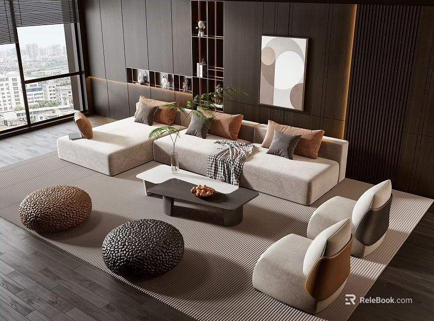 Modern Light Sofa Coffee Table Set With Decorative Pillows Round Ottomans Wall Artwork And Plant 3d model 