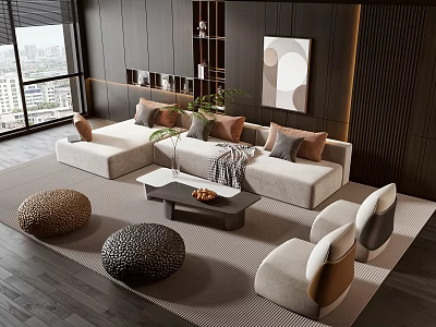 Modern Light Sofa Coffee Table Set With Decorative Pillows Round Ottomans Wall Artwork And Plant 3d model