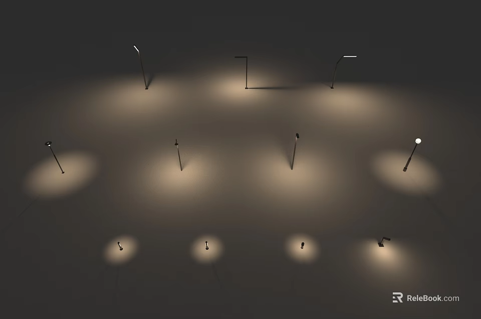 Garden Landscape With Various Heights Shapes Light Poles Illuminated Sources Circular Ground Spots 3d model 