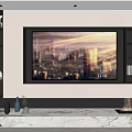 Modern Living Room With Large Screen TV Black Shelves And Marble Fireplace