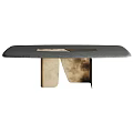 Modern Wooden Dining Table Featuring Marble Inlay And Unique Brass Metal Legs