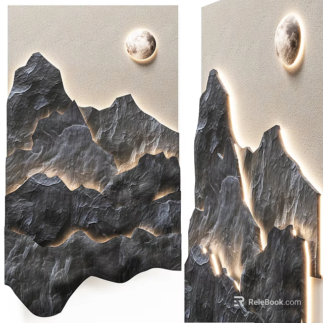 Mountain Shaped Stone Wall Decor with Layered Texture LED Lighting and Round Moon Ornament 3d model 