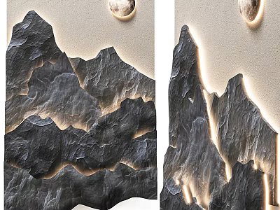 Mountain Shaped Stone Wall Decor with Layered Texture LED Lighting and Round Moon Ornament 3d model