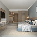 Modern Hotel Guest Room With Twin Blue Beds Decorative Headboards Wall Sconces And Framed Artwork