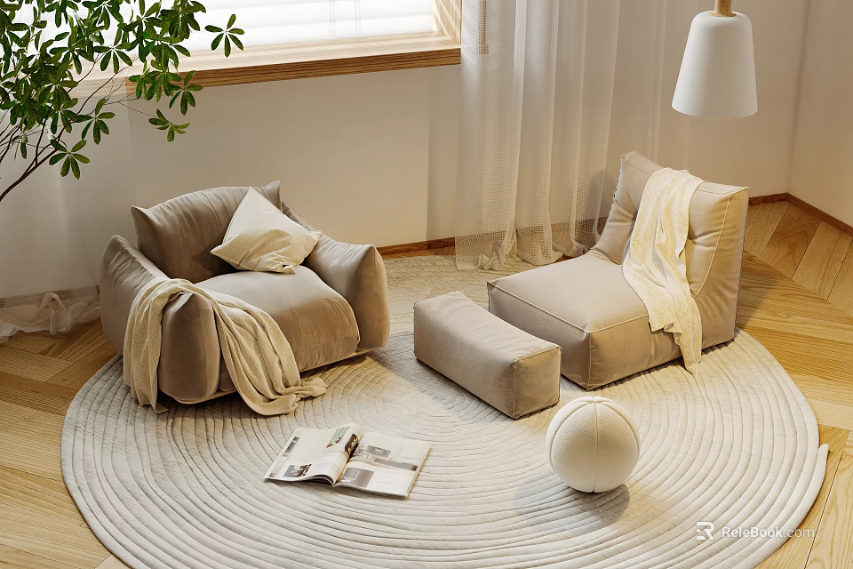 Beige Sectional Sofa with Ottoman on Woven Round Rug near Window and Green Plant 3d model 