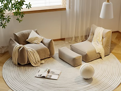 Beige Sectional Sofa with Ottoman on Woven Round Rug near Window and Green Plant 3d model