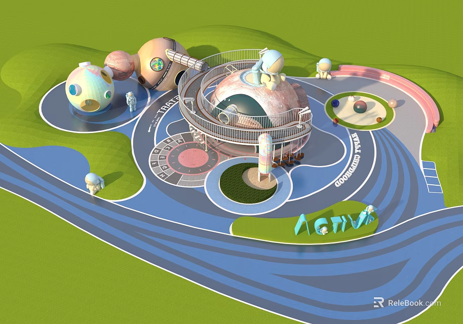 Colorful Children's Play Area With Spherical Structures Slides Green Lawns And Blue Tracks 3d model 