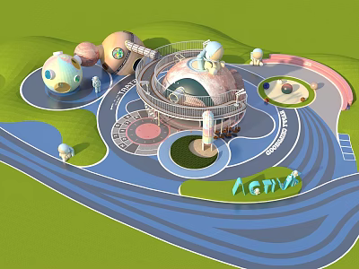 Colorful Children's Play Area With Spherical Structures Slides Green Lawns And Blue Tracks 3d model