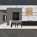 Spacious Indoor Hallway With White Marble Floor Glass Doors Black Ceiling Wooden Counter Green Plant