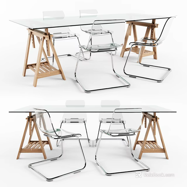 Modern Dining Table Set With Glass Top Wooden Tripod Stands And Transparent Chairs 3d model 