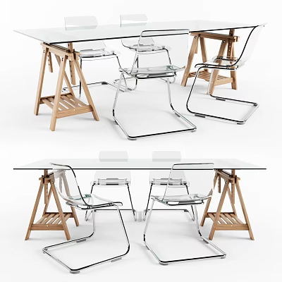 Modern Dining Table Set With Glass Top Wooden Tripod Stands And Transparent Chairs 3d model