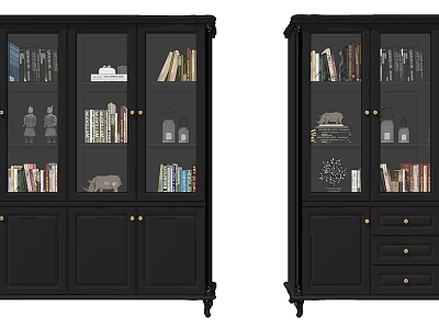 Black Bookcase With Glass Doors Shelves Books Decorative Items And Storage Drawers 3d model