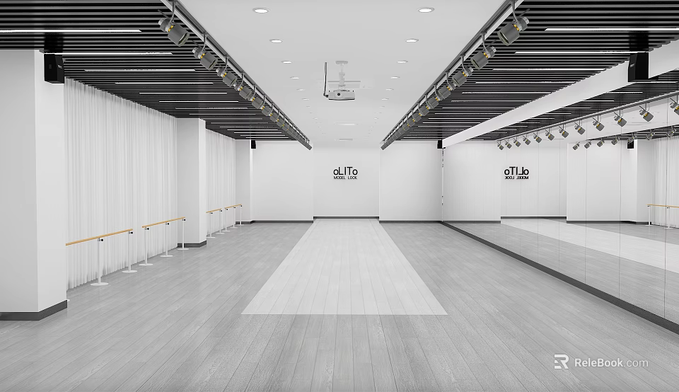 Spacious Dance Fitness Studio with Barre Mirrors Wooden Floor and White Curtains 3d model 