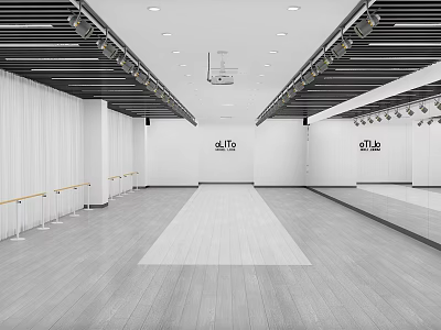Spacious Dance Fitness Studio with Barre Mirrors Wooden Floor and White Curtains 3d model