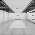 Spacious Dance Fitness Studio with Barre Mirrors Wooden Floor and White Curtains