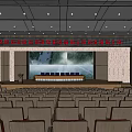 Spacious Conference Room Setup With Rows of Seats Platform and Large Backdrop Screen