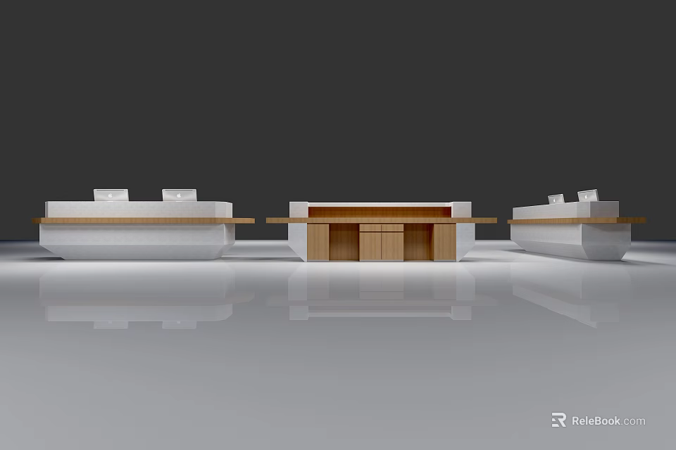 Modern Symmetrical Interior With White Structures Wooden Cabinets And Reflective Floor 3d model 