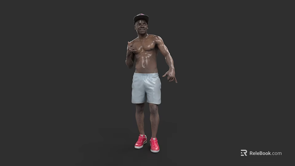 Shirtless Muscular Man Wearing Cap Light Shorts And Red Shoes On Dark Background 3d model 