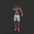 Shirtless Muscular Man Wearing Cap Light Shorts And Red Shoes On Dark Background