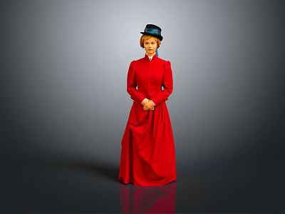 Woman in Red Long Dress and Black Hat Standing Against Gray Background 3d model