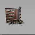 Miniature Red Multi Story Building Model With Windows Entrance And Green Plants
