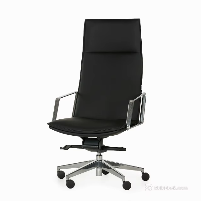 Black Leather Office Chair With Modern Design Metal Armrests And Swivel Wheels 3d model 