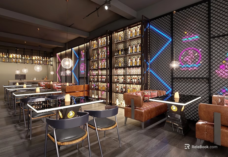 Modern Bar Interior With Wine Racks Neon Lights Leather Sofas Tables And Chairs 3d model 