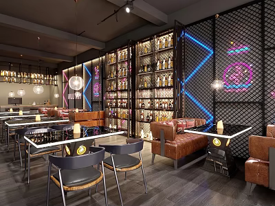 Modern Bar Interior With Wine Racks Neon Lights Leather Sofas Tables And Chairs 3d model
