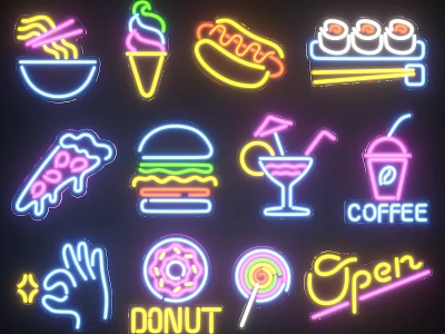 Outdoor Lights With Neon Style Decorative Various Icons Like Food Drinks And Open Sign 3d model
