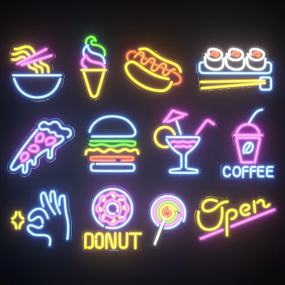Outdoor Lights With Neon Style Decorative Various Icons Like Food Drinks And Open Sign 3d model
