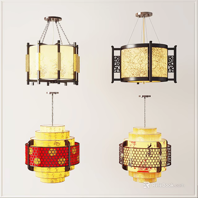 Chinese Style Decorative Chandeliers With Wooden Frames Intricate Patterns And Colorful Shades 3d model 