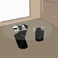 Round Glass Coffee Table With Black Marble Bases And Magazine Glass Cups In Modern Interior
