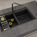Black Double Bowl Kitchen Sink With Faucet Drainer Rack Green Apples And Coffee Cup