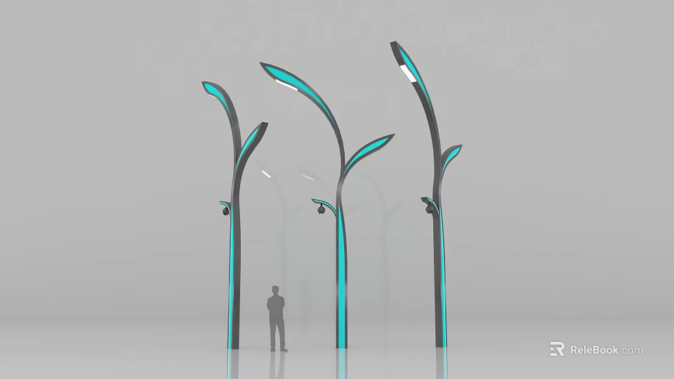 Curved Design Outdoor Lights With Blue Accent And Human Figure For Scale 3d model 