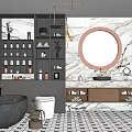 Modern Bathroom Interior With Marble Walls Round Mirror Black Bathtub White Toilet And Storage Shelves