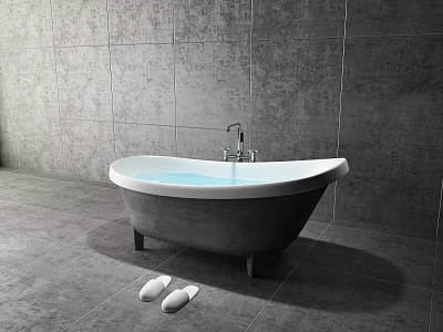 Modern Bathtub With White Interior Grey Exterior Faucet On Grey Tile Bathroom Floor And Slippers 3d model