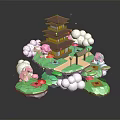 Traditional Multi Story Pagoda Architecture On Floating Islands With Cherry Blossom Trees And Lanterns
