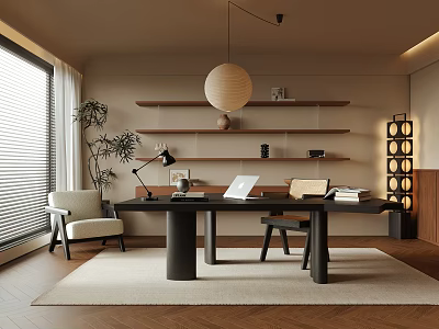 Modern Study Room With Wooden Shelves Pendant Lamp Desk Chair Plant And Window Blinds 3d model
