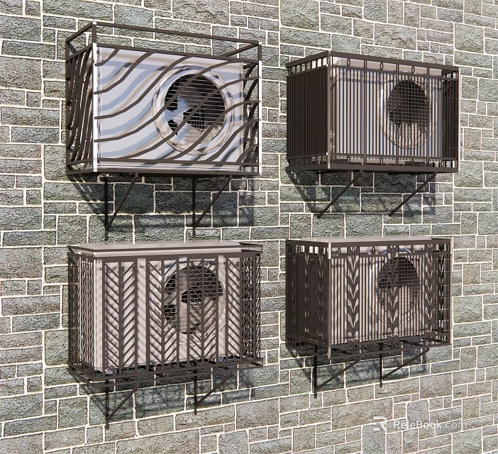 Air Conditioner Fans Mounted on Brick Wall with Decorative Metal Grille Designs 3d model 